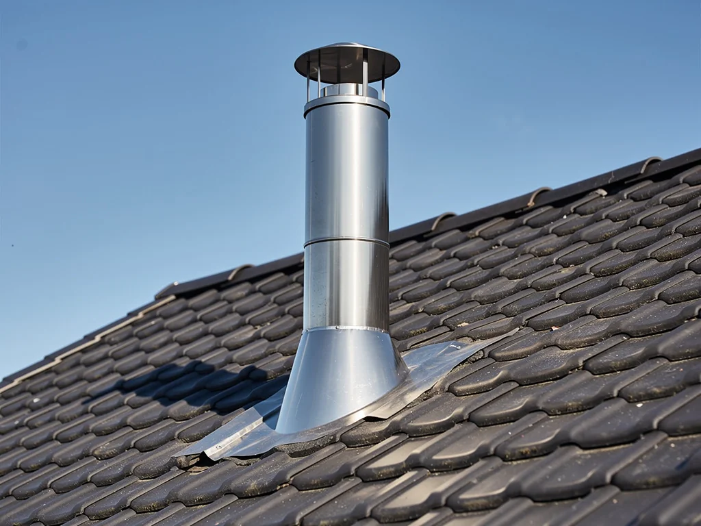 Sortie de toit d'un conduit inox double paroi sur une toiture en tuiles